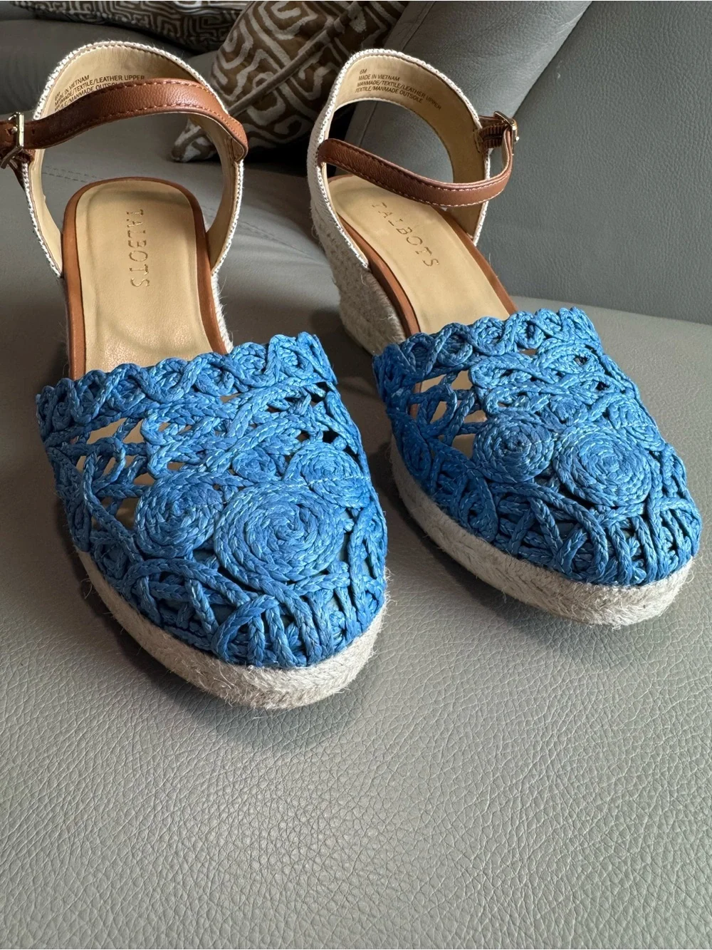 Talbots Blue Raffia Espadrille Wedge Sandals Women’s Size 6M Leather Ankle Strap